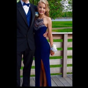 Navy blue formal prom dress with side slit
